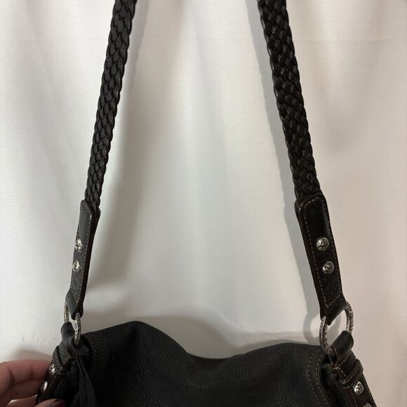 Brighton Bag Black Pebbled Leather Shoulder Foldover Purse Magnetic Boho Stitch - Picture 6 of 9